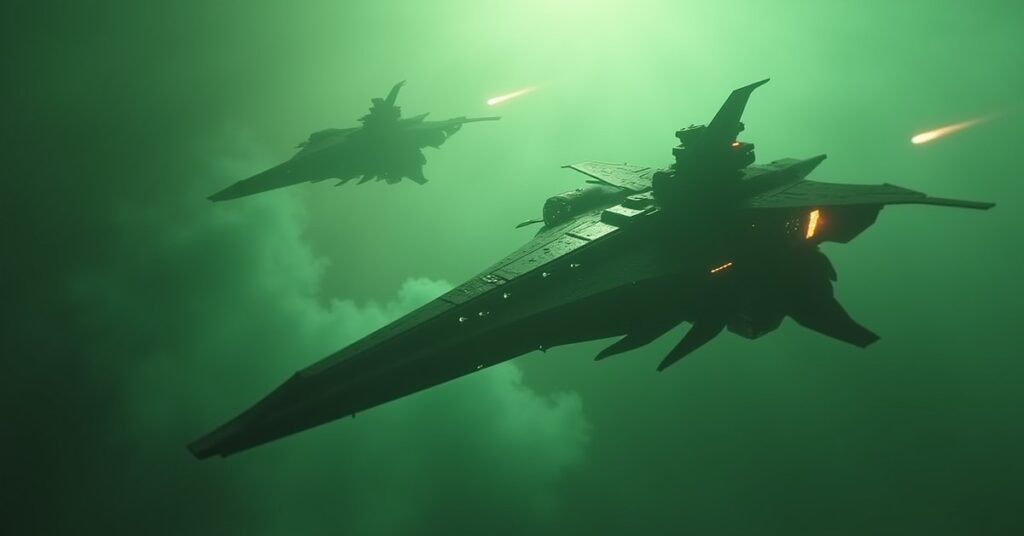 Klingon ships defending a rebel colony from Romulan warships in Star Trek Fleet Command