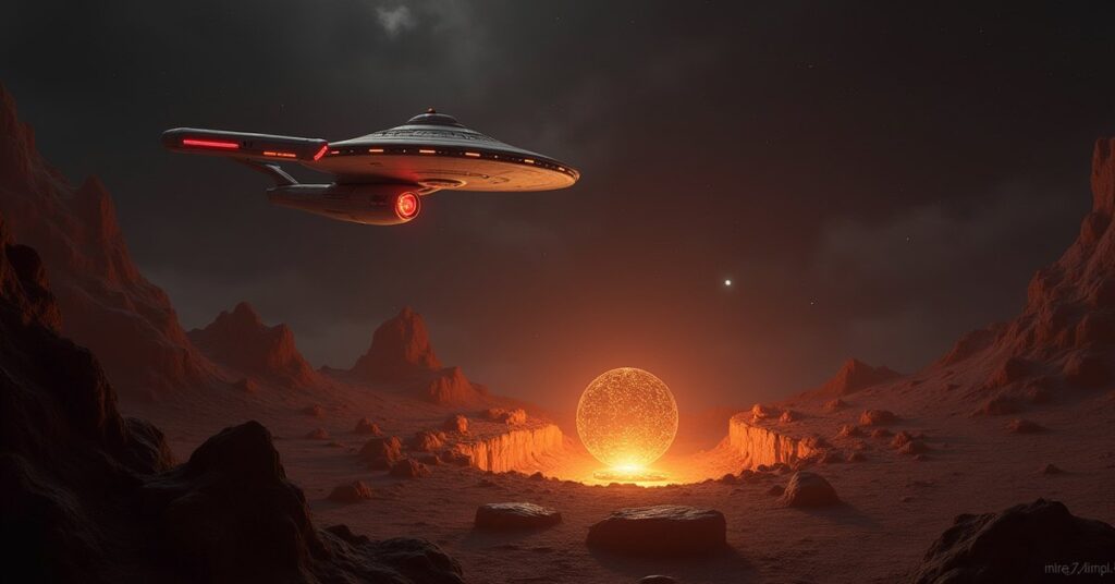 Starship orbiting a barren planetoid above a glowing excavation site with an ancient artifact