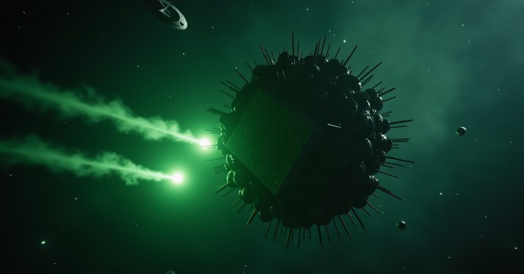 A Borg vessel attacking Klingon space as a starship answers a distress call in Star Trek Fleet Command