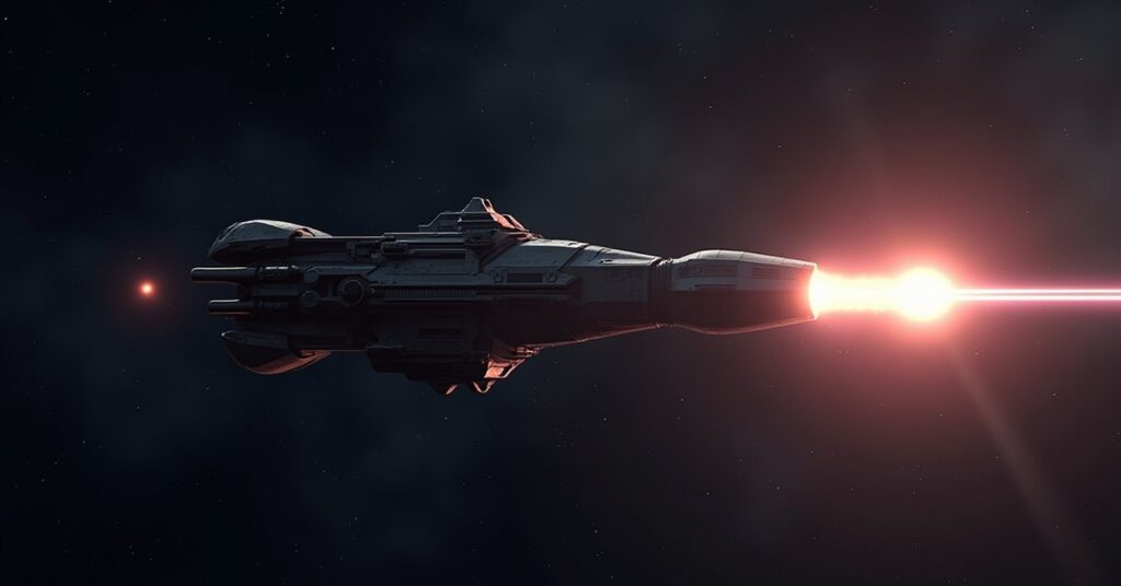 A starship firing a tachyon pulse into a dark void in Star Trek Fleet Command