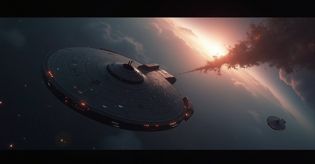 The USS Discovery meeting a smaller starship near a glowing nebula in Star Trek Fleet Command