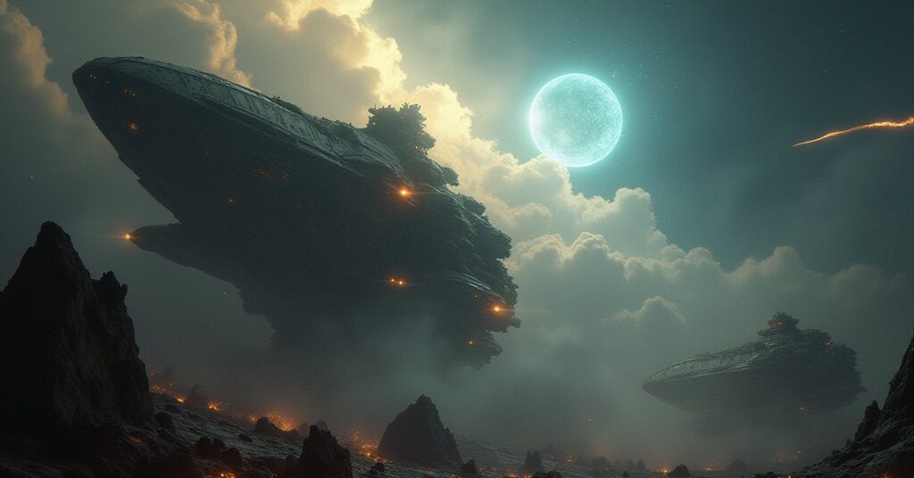 Ancient derelict ships surrounding a lone starship amid glittering debris in Star Trek Fleet Command