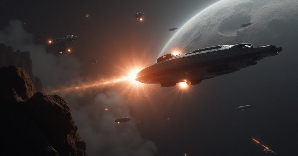Starships attacking a cloaked alien lab in the Caelor system as Ex-Borg ships wait nearby