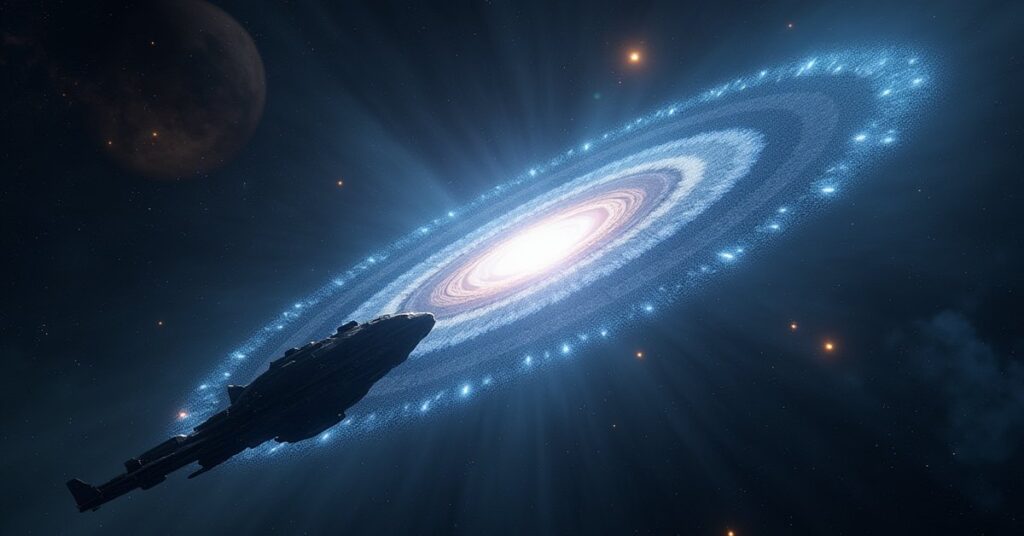 Two ships beside a glowing space-time anomaly with drifting crystals in Star Trek Fleet Command