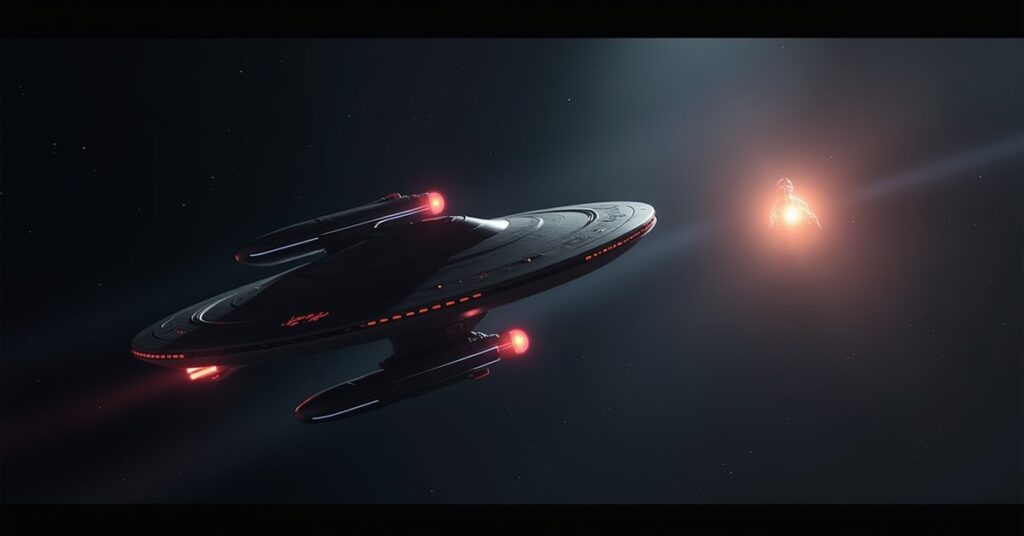 A science starship scanning a glowing object as a Klingon warship appears behind it in Star Trek Fleet Command