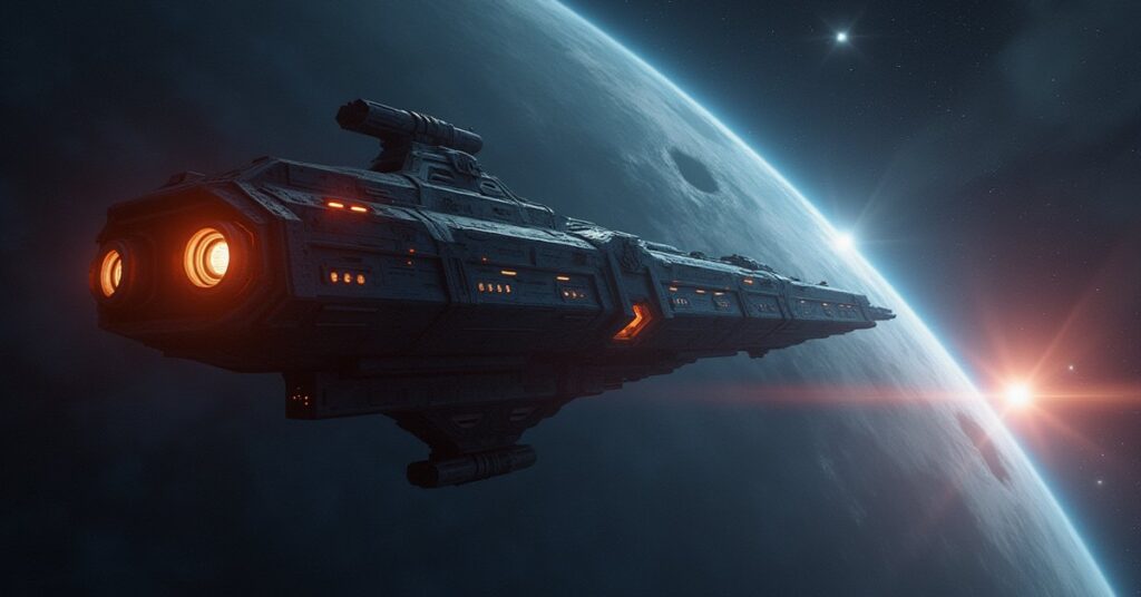 A starship scanning a derelict station near a cold star in Star Trek Fleet Command