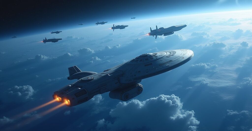 Suliban ships swarming disabled Starfleet vessels over a blue planet in Star Trek Fleet Command