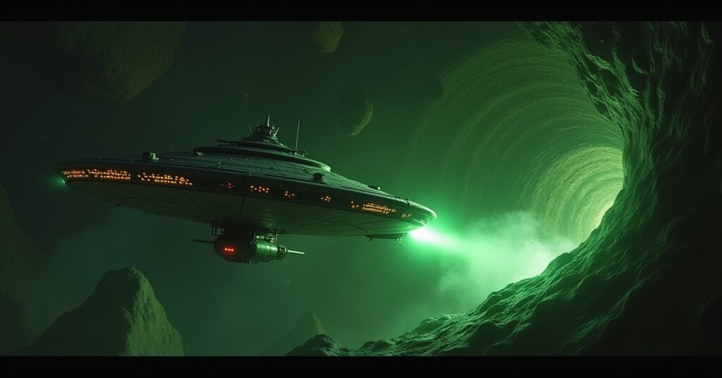 Volatile glowing cargo canisters in a starship hold as a Klingon ship approaches in Star Trek Fleet Command