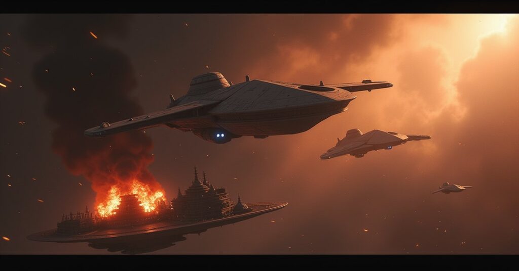 A Romulan warbird attacking a rebel flagship over a colony in Star Trek Fleet Command