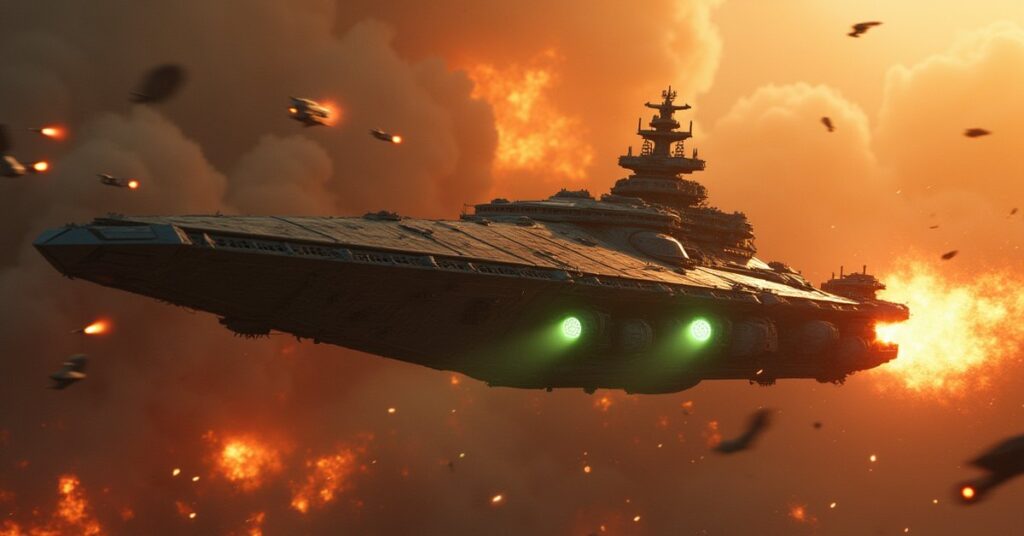 A Klingon cruiser fighting Romulan and Federation ships in a burning debris field in Star Trek Fleet Command