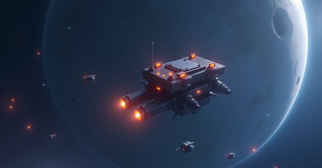 A small defense platform with turrets orbiting a space station in Star Trek Fleet Command