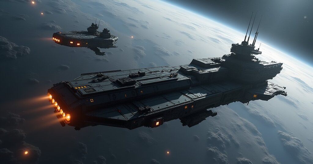 An orbital defense platform receiving new turret arrays beside a space station in Star Trek Fleet Command