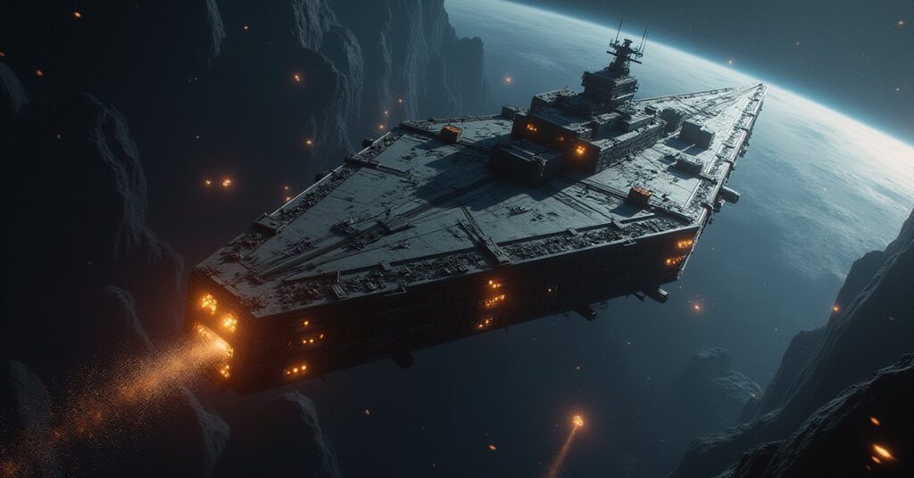 A battle-worn starship inside an expanding orbital drydock in Star Trek Fleet Command