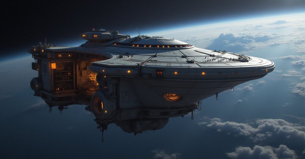 A starship being repaired in an orbital drydock in Star Trek Fleet Command