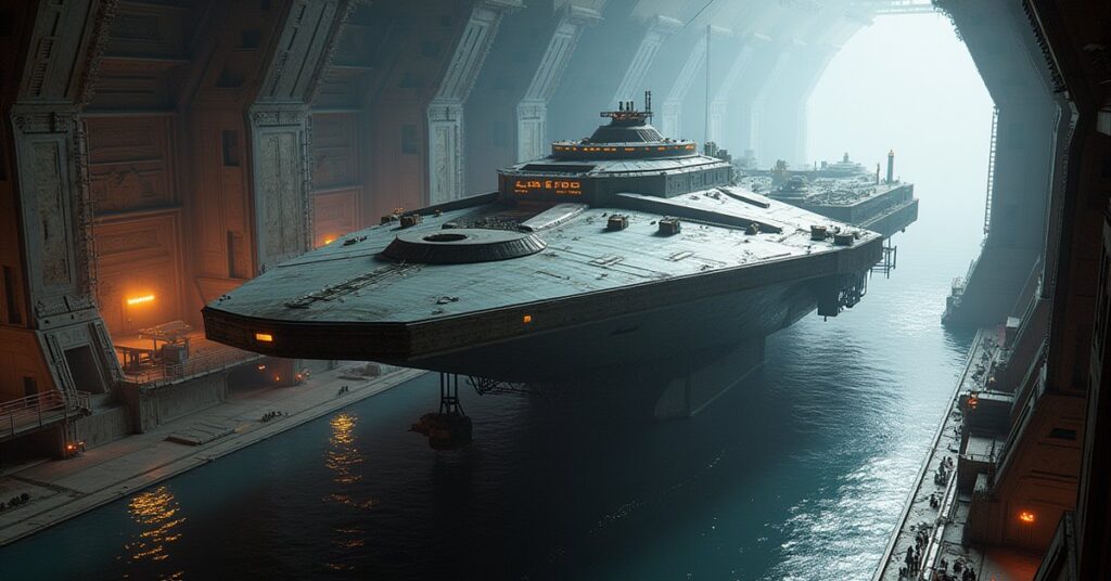 A starship in a station drydock with repair drones working on its hull in Star Trek Fleet Command