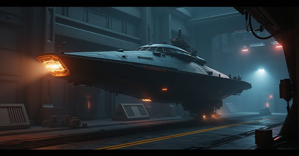 A starship docked in a glowing repair cradle on a space station in Star Trek Fleet Command