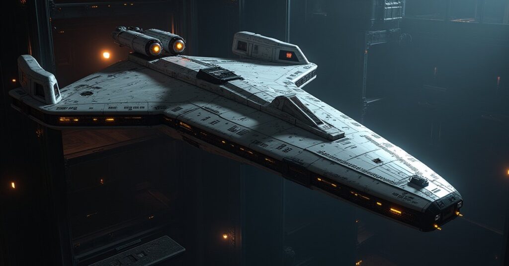 A starship in an orbital drydock being repaired by drones in Star Trek Fleet Command
