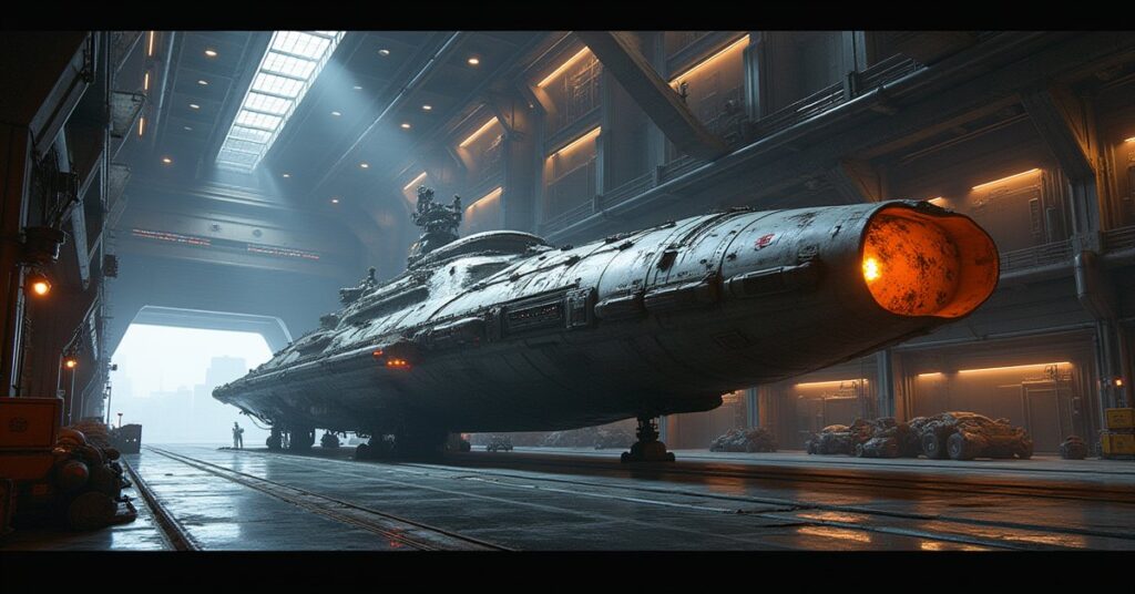 A battle-worn starship docked in a station drydock with repair arms in Star Trek Fleet Command