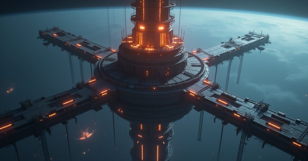 An orbital space station's central command tower under construction with work drones around it in Star Trek Fleet Command