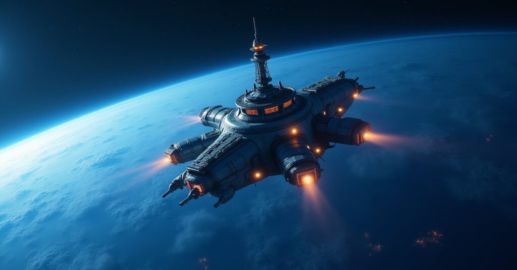 A space station command hub being expanded above a blue planet in Star Trek Fleet Command