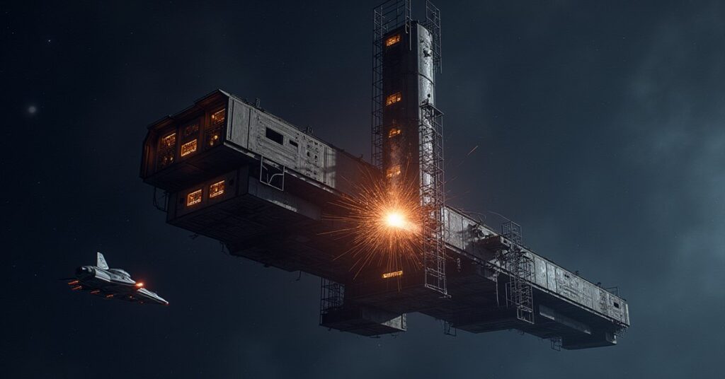 A space station expanding its command module with a small starship docked nearby in Star Trek Fleet Command