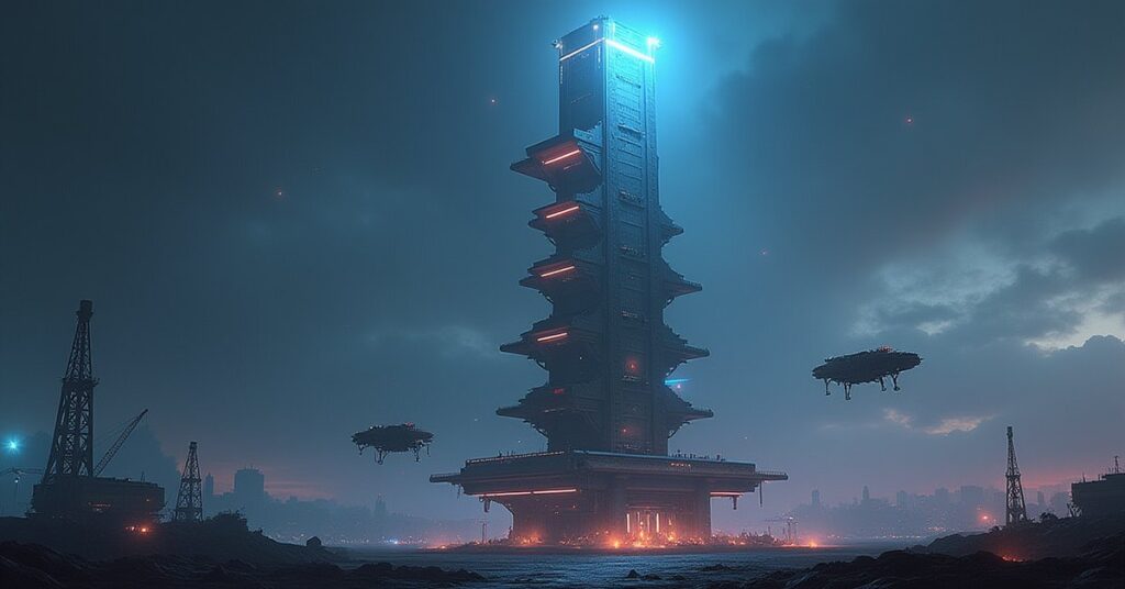 A space station operations tower being upgraded by construction drones in Star Trek Fleet Command