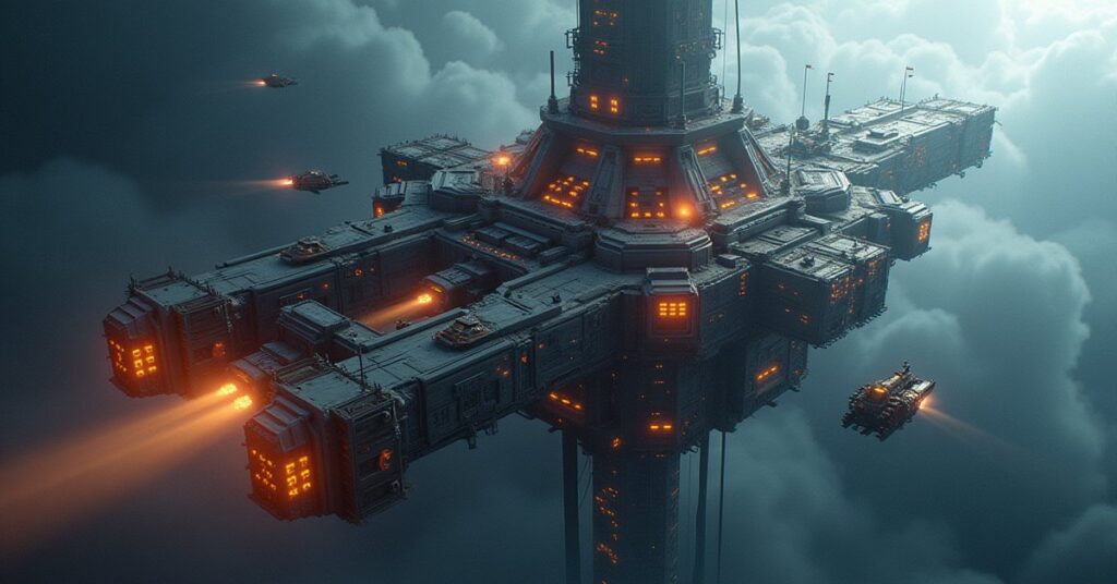 A space station command tower lighting up while construction drones upgrade its hull
