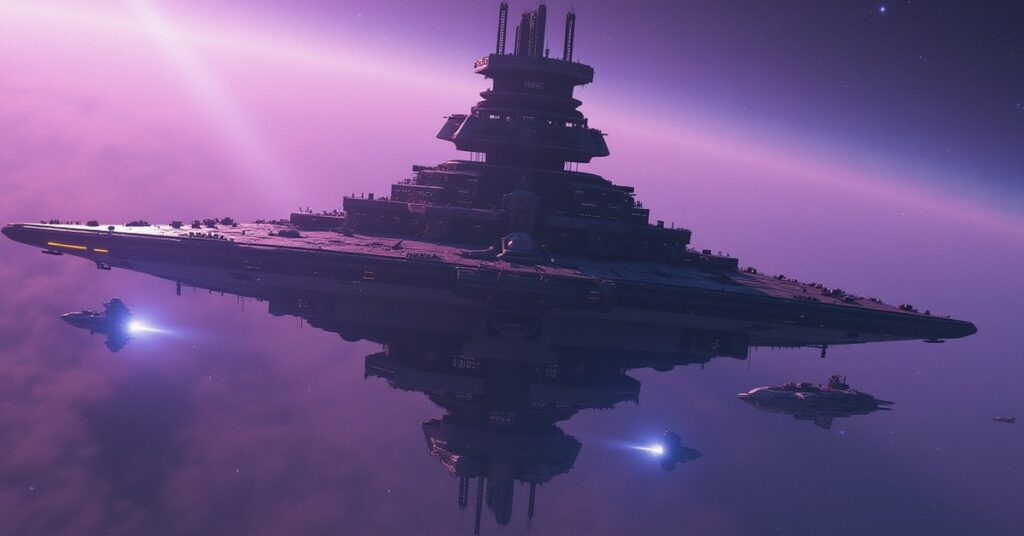 A large fortified space station expanding its command tower with starships docked around it in Star Trek Fleet Command