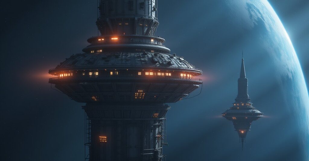 A space station command tower being extended with defense platforms nearby in Star Trek Fleet Command