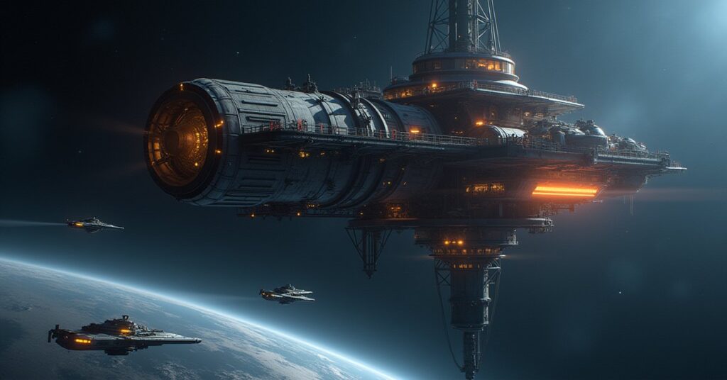 An orbital starbase operations tower under construction with cargo haulers arriving in Star Trek Fleet Command
