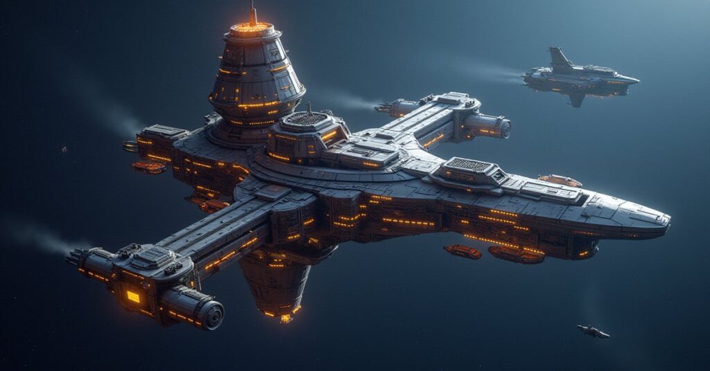 A large space station command center under upgrade with shuttles delivering materials in Star Trek Fleet Command