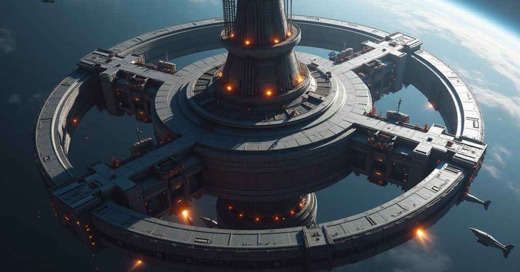 A large space station command tower being upgraded by construction drones in Star Trek Fleet Command