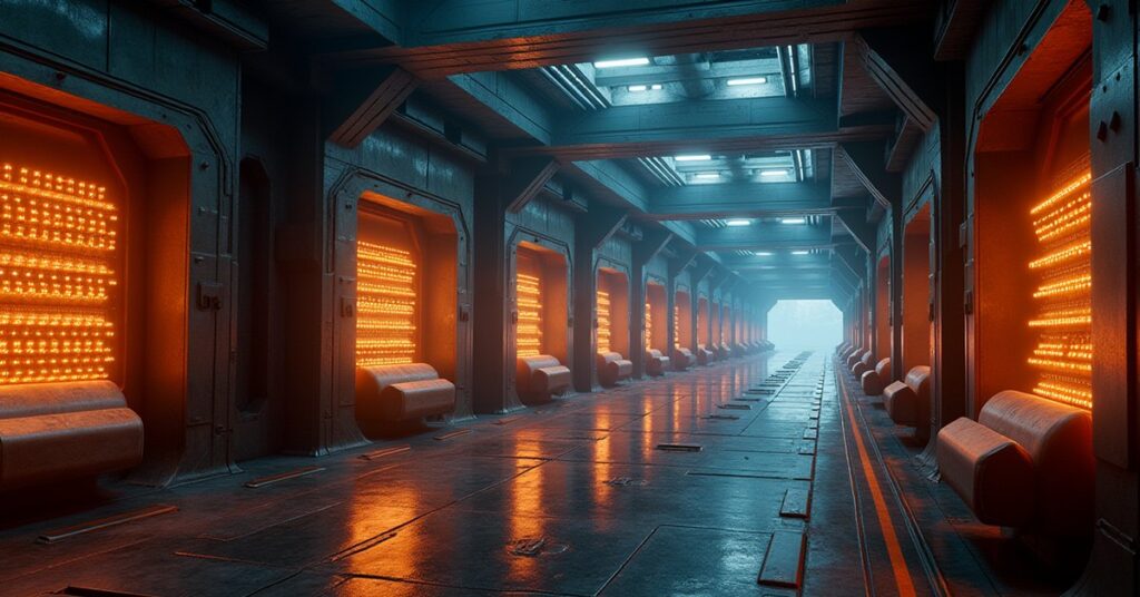 Metal ingot storage bays with cargo drones on a space station in Star Trek Fleet Command