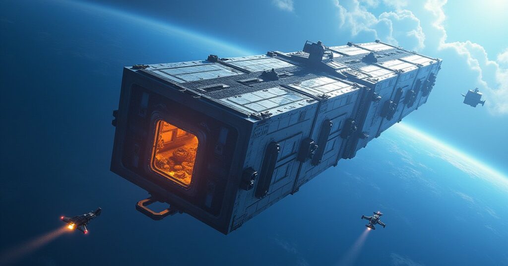 A station storage module stacked with metal ingots and cargo drones above a planet in Star Trek Fleet Command