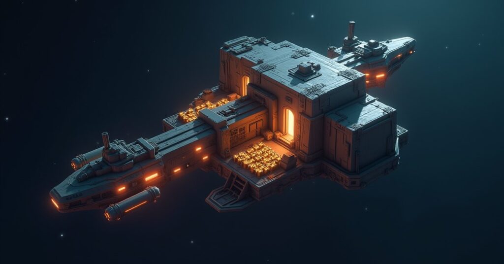 A small space station adding a storage module stacked with metal ingots in Star Trek Fleet Command