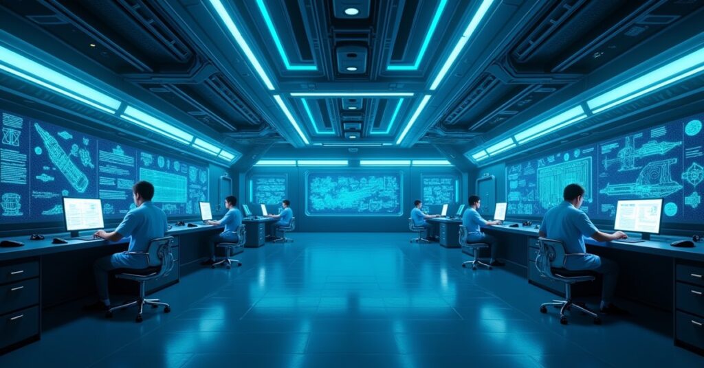 A space station research wing glowing with ship schematics in Star Trek Fleet Command