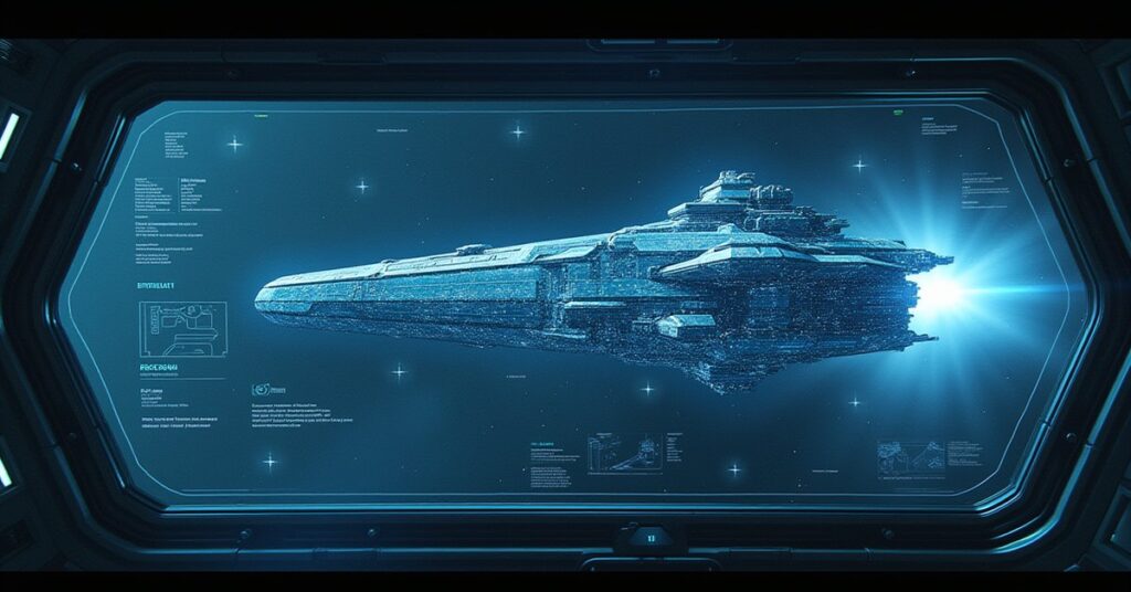 A research wing on a space station with holographic ship blueprints in Star Trek Fleet Command