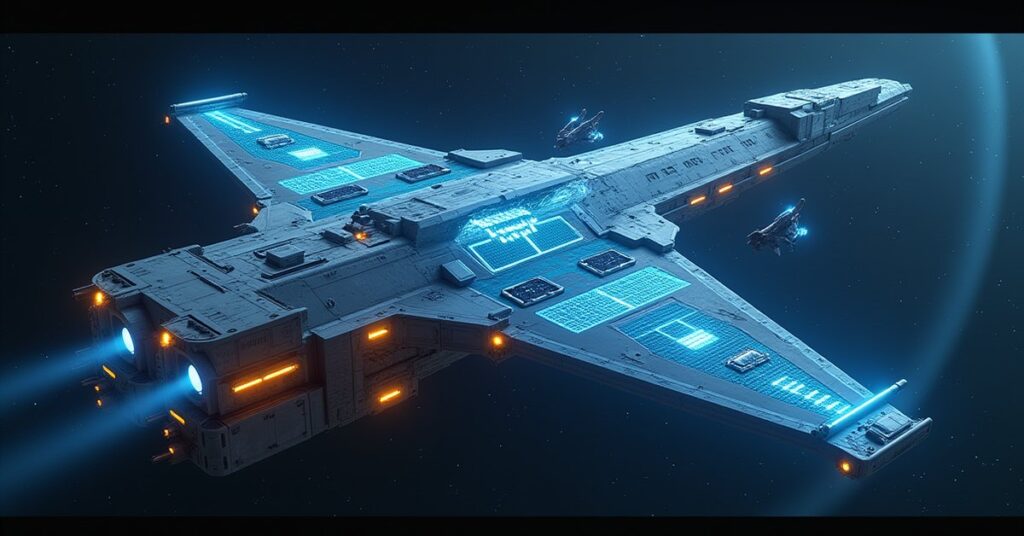 A glowing station research wing with docking shuttles in Star Trek Fleet Command