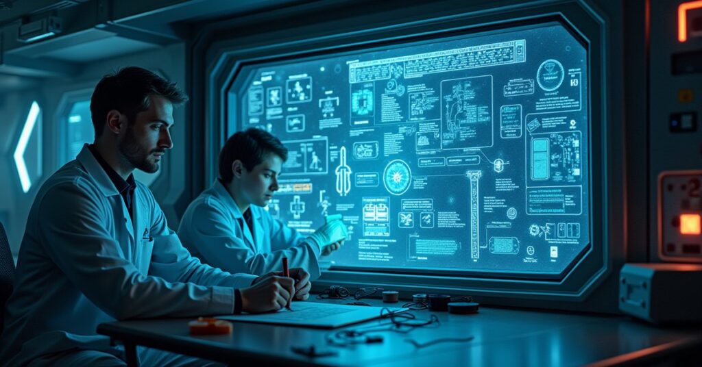 A space station research module glowing with schematics in Star Trek Fleet Command