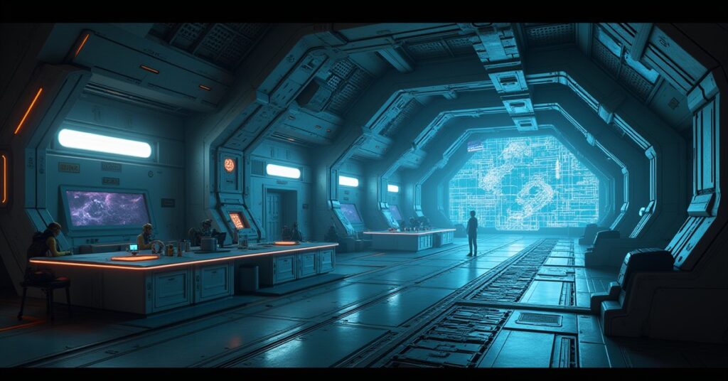 A space station research wing lit up beside a shipyard in Star Trek Fleet Command