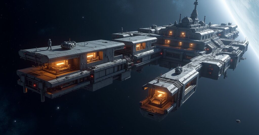 A space station research wing being expanded with shuttles moving between modules in Star Trek Fleet Command