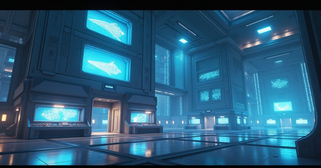 A space station research tower with glowing labs and ship holograms in Star Trek Fleet Command