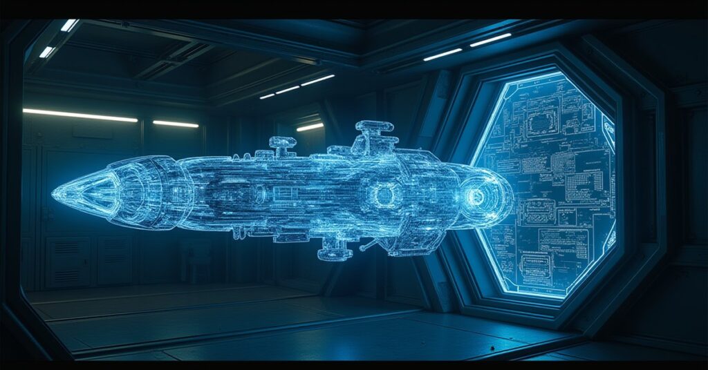 A space station research wing expanding with holographic schematics in Star Trek Fleet Command