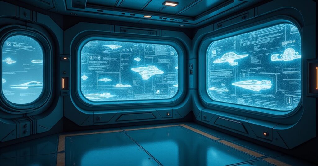 A small research lab module on a space station with glowing starship schematics in Star Trek Fleet Command