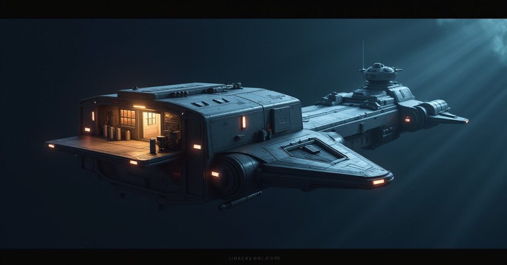 A space station research lab module with a docked starship in Star Trek Fleet Command
