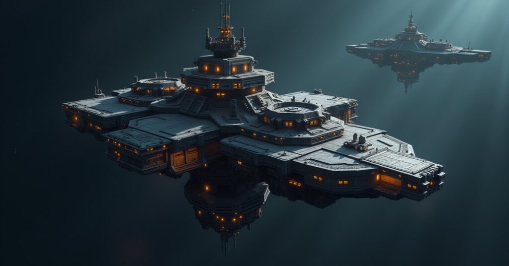 An early space station shipyard expanding its docking frame in Star Trek Fleet Command