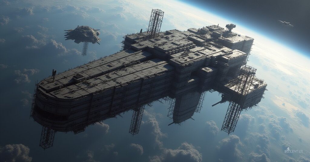 An orbital shipyard assembling a starship above a ringed planet in Star Trek Fleet Command