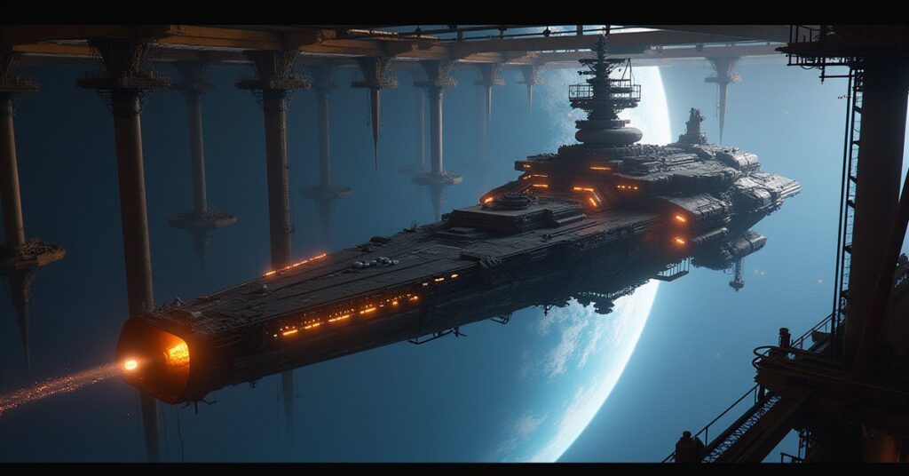 A starship being built in an orbital shipyard gantry above a planet in Star Trek Fleet Command