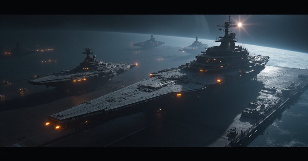 A vast shipyard building several large starships above a planet in Star Trek Fleet Command