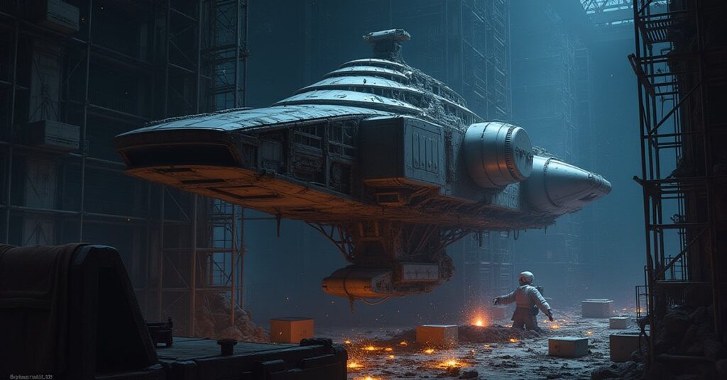 A starbase shipyard building a small starship in Star Trek Fleet Command